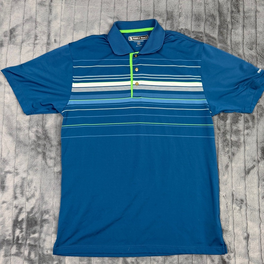 Pebble Beach Performance Mens Blue Striped Short Sleeve Golf Polo Shirt Medium